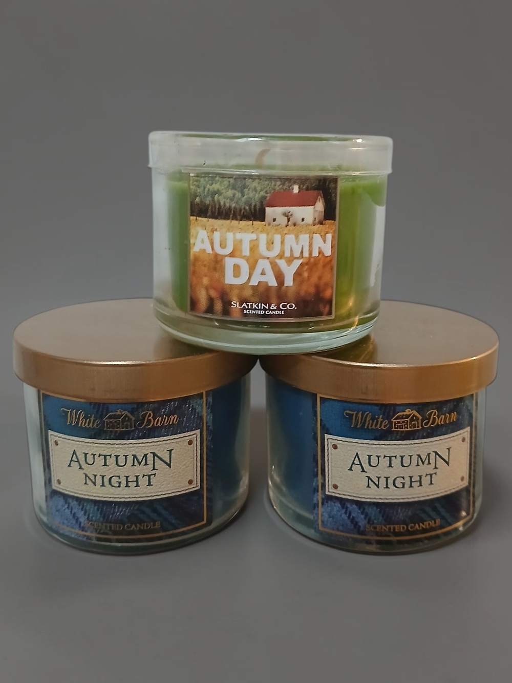White Barn Autumn Night & Autumn Day Scented Candle Trio - Green & Blue